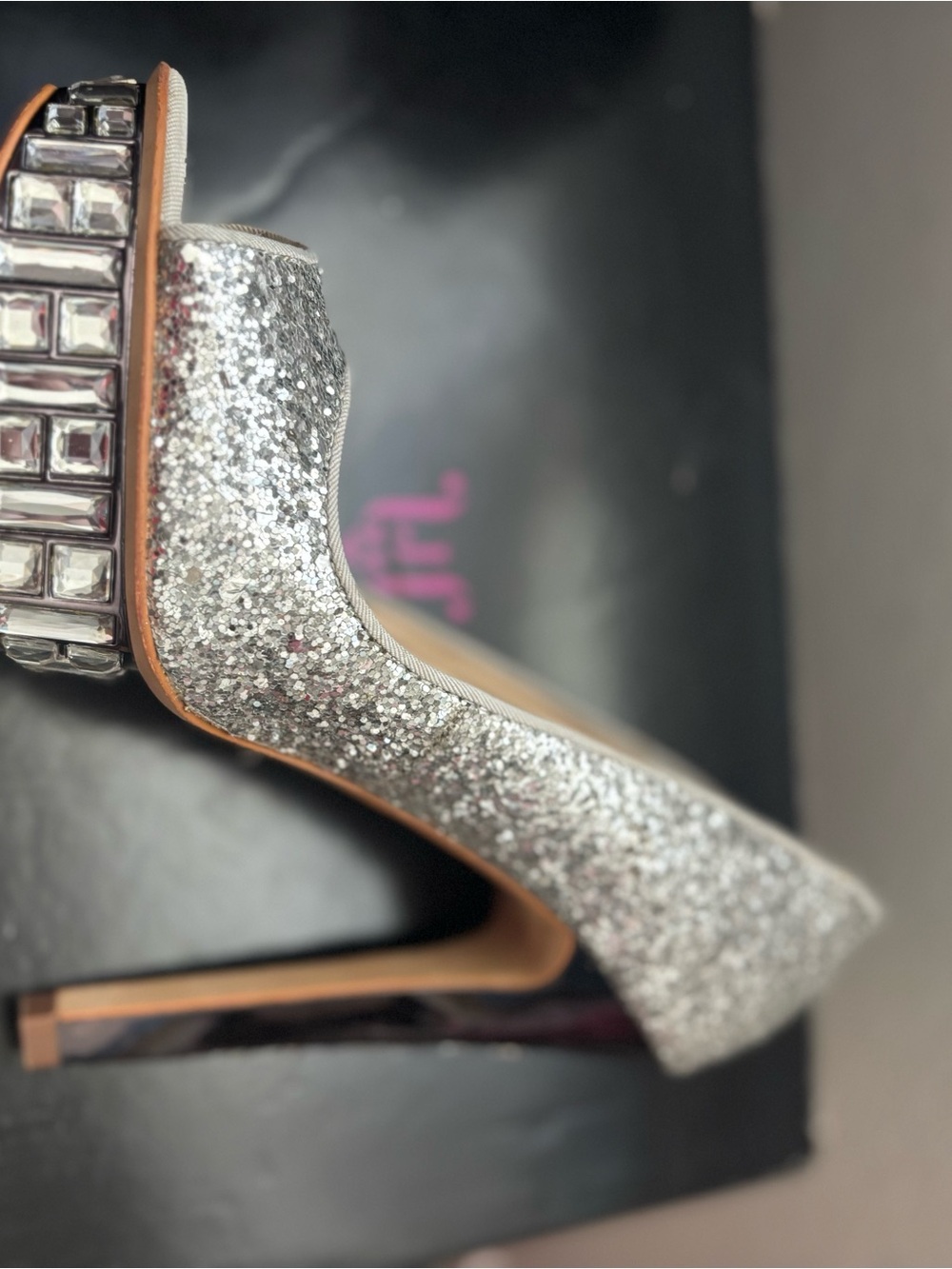 JustFab Silver Glitter Crystal Block Heel Sandals